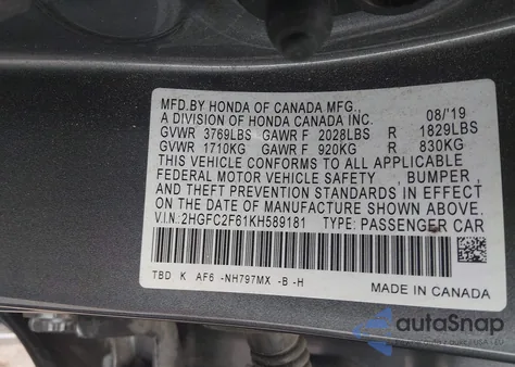 2019 Honda Civic Lx z USA, uszkodzony, nr VIN 2HGFC2F61KH589181